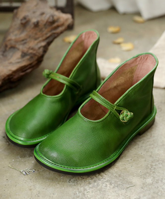 Comfortable Solid Green Flat Feet Shoes Cowhide Leather Upper Buckle Strap Flat Shoes