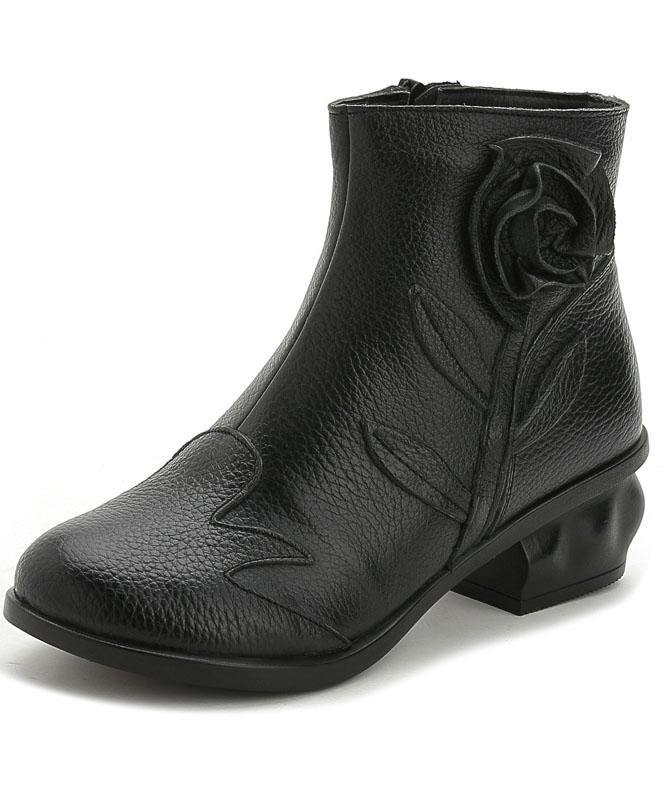 Comfortable Splicing Chunky Boots Black Cowhide Leather - SooLinen