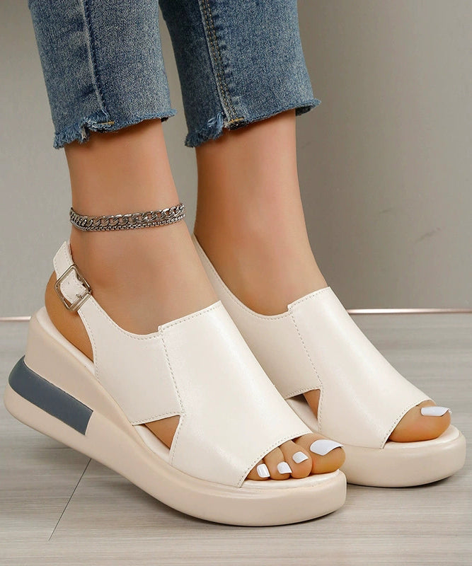 Comfy Splicing Wedge Sandals Beige Faux Leather Peep Toe