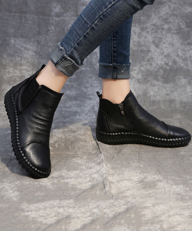 Comfy Zippered Splicing Boots Black Cowhide Leather