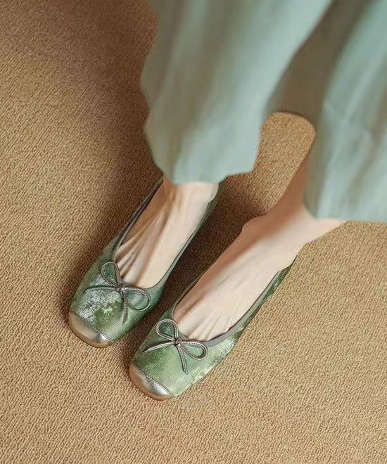 Cowhide Leather Bow Splicing Green Comfy Penny Loafers