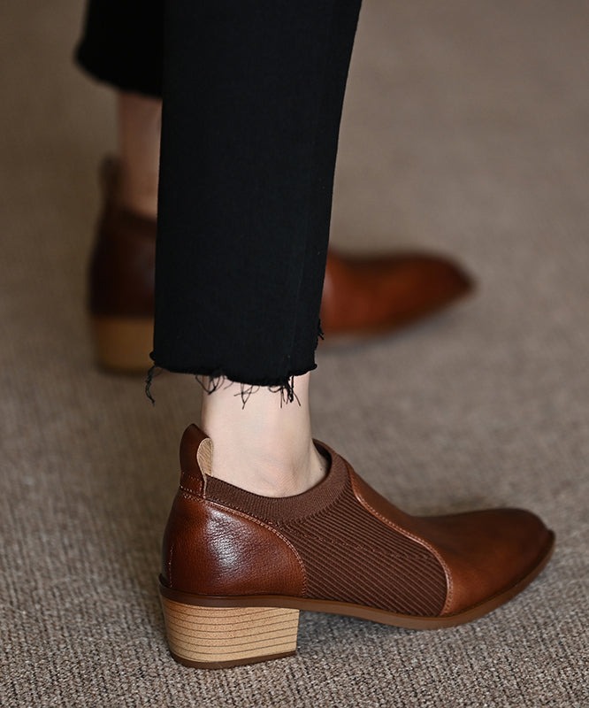 Cowhide Leather Splicing Brown Penny Loafers Pointed Toe