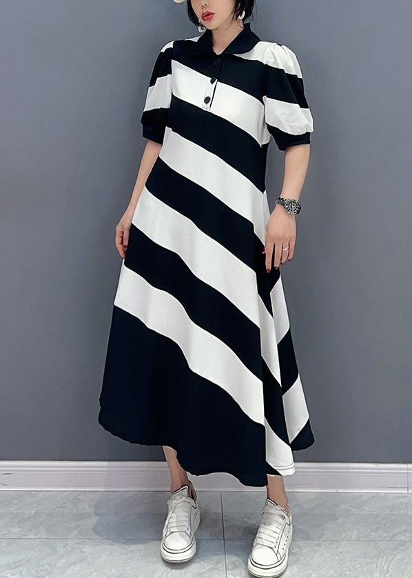 Cute Black White Striped Peter Pan Collar Patchwork Long Dress Short Sleeve