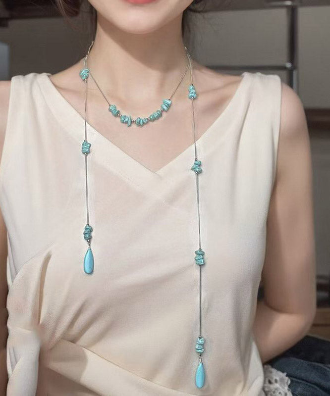 Cute Blue Stainless Steel Turquoise Beads Sweater Pendant Necklace