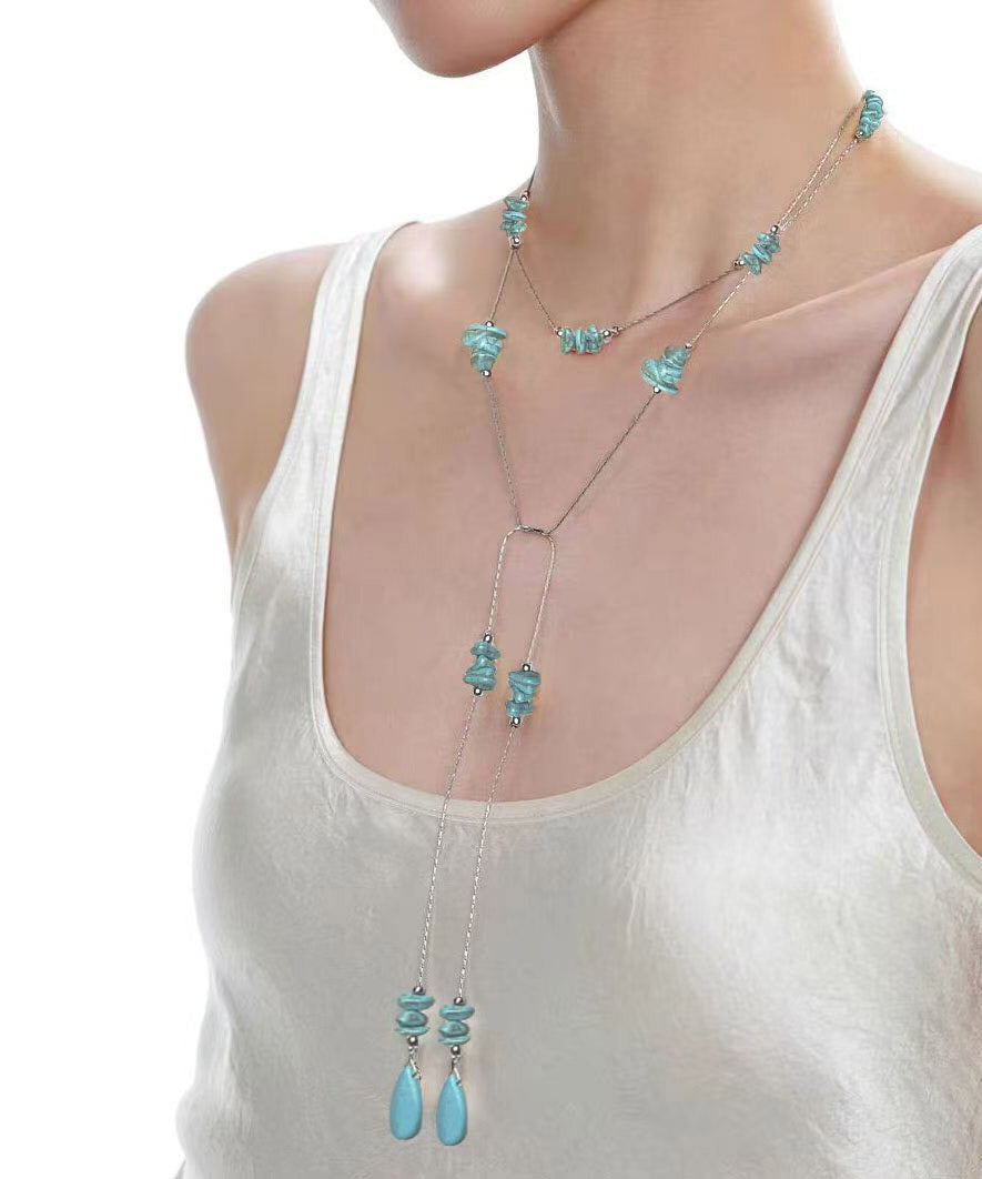 Cute Blue Stainless Steel Turquoise Beads Sweater Pendant Necklace