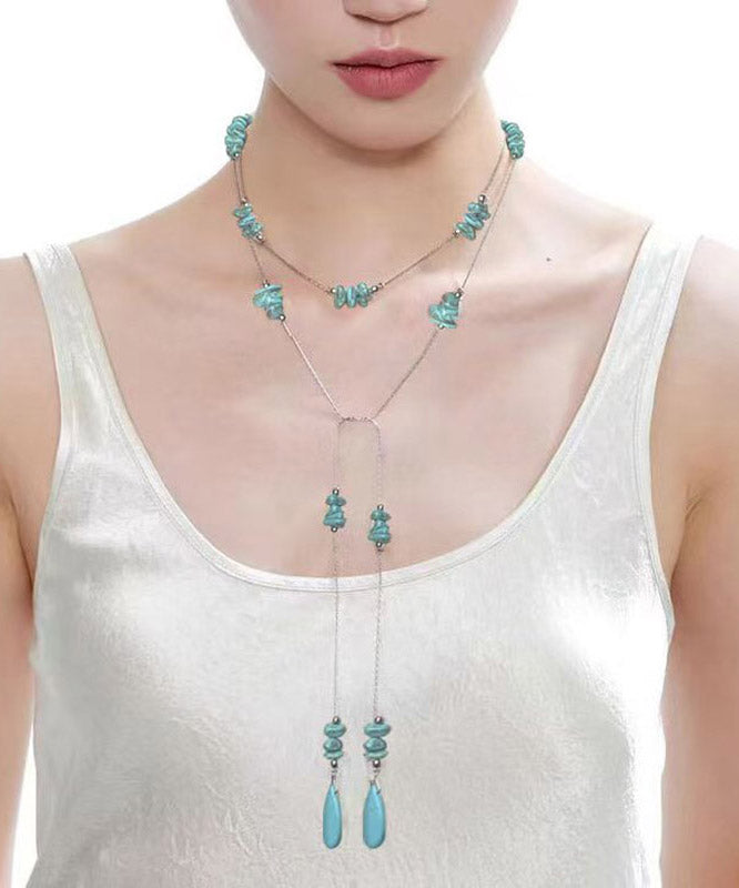 Cute Blue Stainless Steel Turquoise Beads Sweater Pendant Necklace