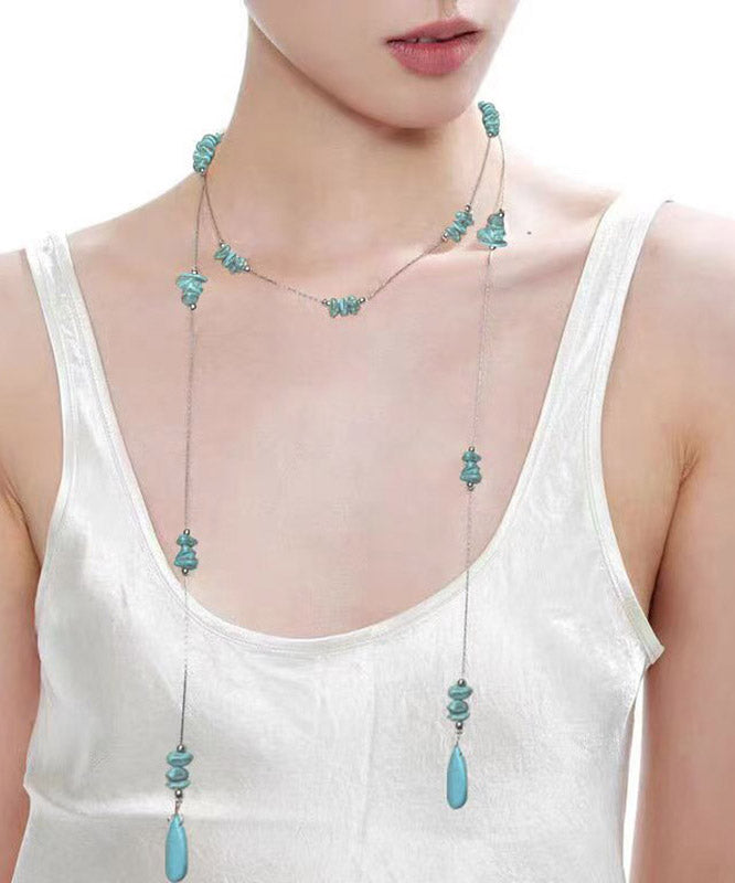 Cute Blue Stainless Steel Turquoise Beads Sweater Pendant Necklace