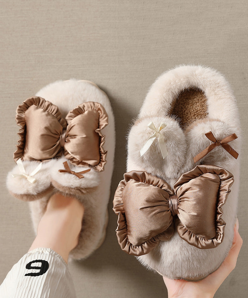 Cute Khaki Slippers Shoes Splicing Bow Fuzzy Wool Lined