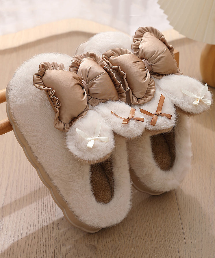 Cute Khaki Slippers Shoes Splicing Bow Fuzzy Wool Lined