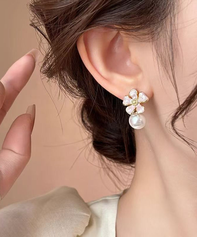 Cute Pink Copper Alloy Floral Pearl Stud Earrings