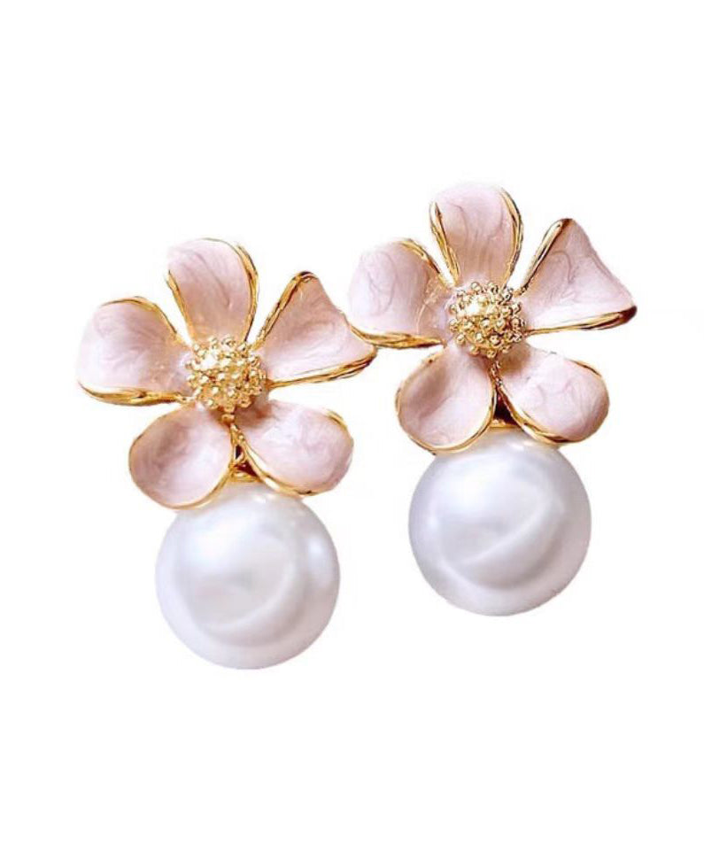 Cute Pink Copper Alloy Floral Pearl Stud Earrings