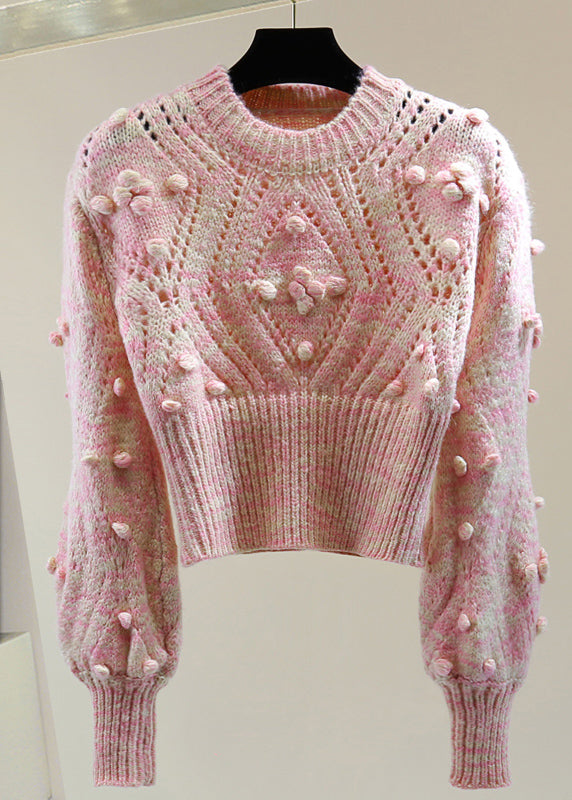 Cute Pink Embroidered Hollow Out Floral Cotton Knit Sweater