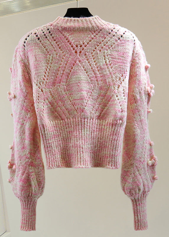 Cute Pink Embroidered Hollow Out Floral Cotton Knit Sweater