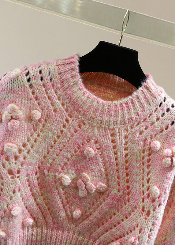 Cute Pink Embroidered Hollow Out Floral Cotton Knit Sweater