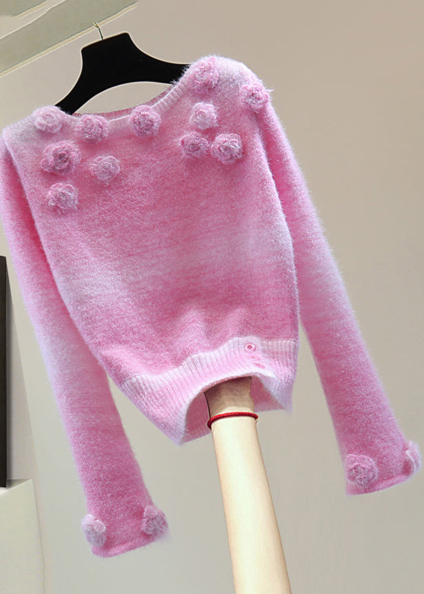 Cute Pink Floral Thick Cotton Knit Sweaters Spring