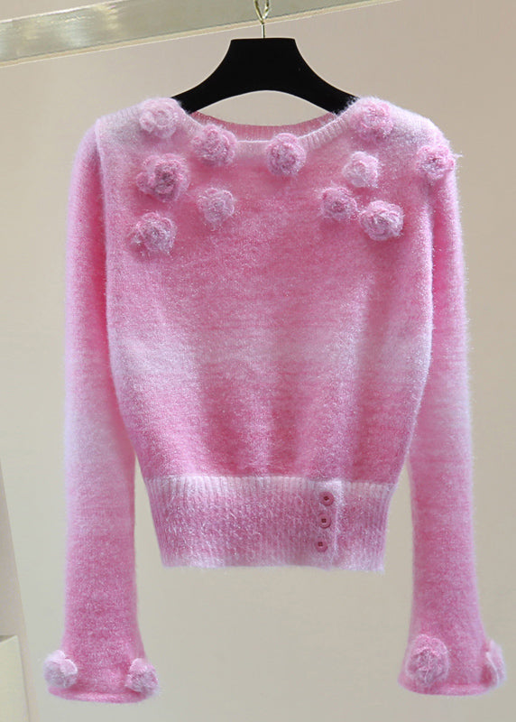 Cute Pink Floral Thick Cotton Knit Sweaters Spring