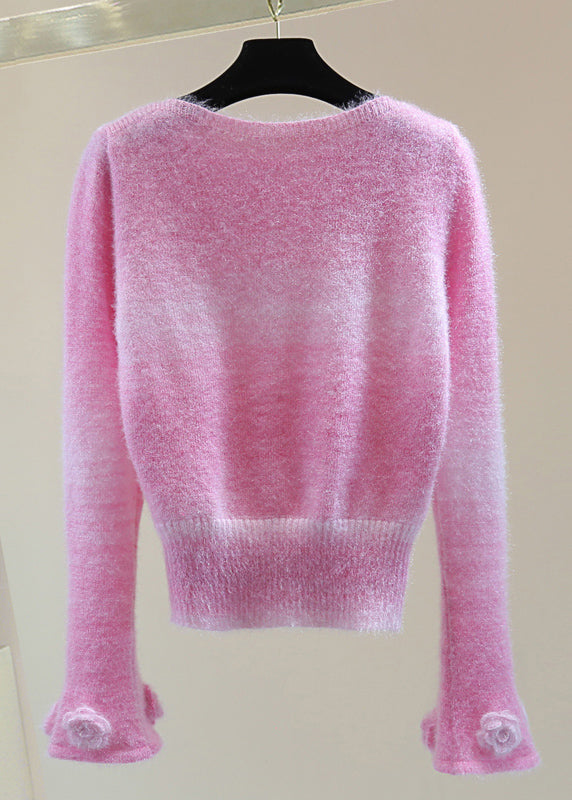 Cute Pink Floral Thick Cotton Knit Sweaters Spring