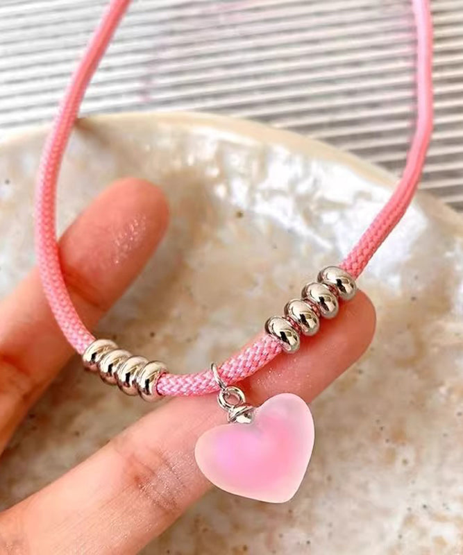 Cute Pink Handmade Weaving Love Pendant Necklace