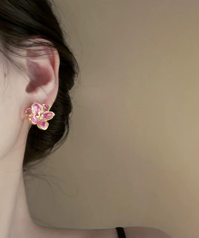 Cute Pink Metal Drip Glaze Floral Stud Earrings