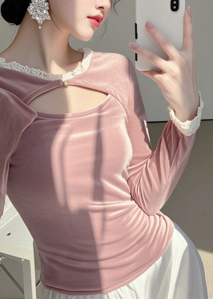 Cute Pink O-Neck Asymmetrical Silk Velour Tops Spring