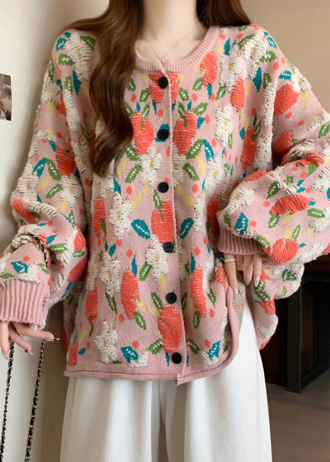 Cute Pink O Neck Jacquard Knit Loose Coat Winter