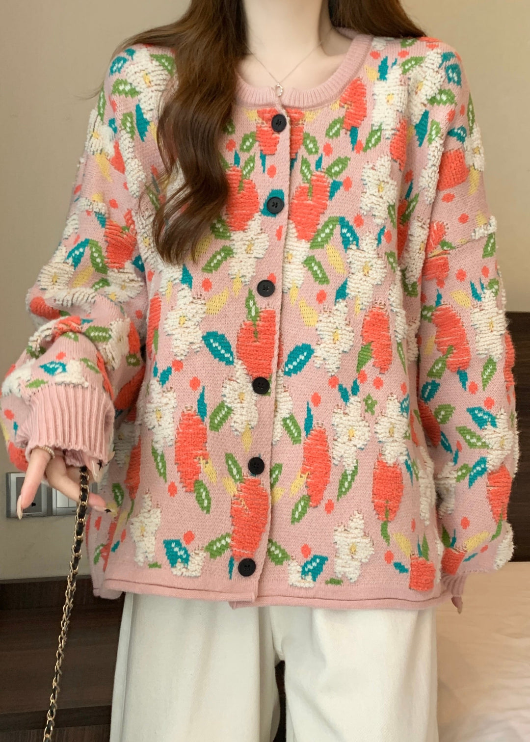 Cute Pink O Neck Jacquard Knit Loose Coat Winter