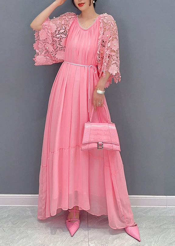 Cute Pink O-Neck Lace Patchwork Nail Bead Chiffon Long Dress Summer