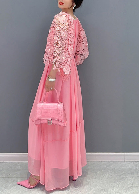 Cute Pink O-Neck Lace Patchwork Nail Bead Chiffon Long Dress Summer