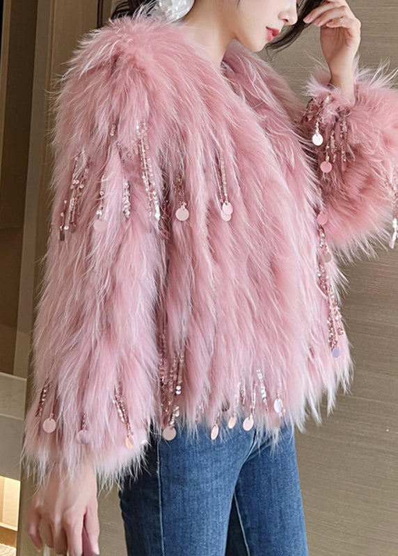 Cute Pink O-Neck Tassel Leather And Fur Coats Winter