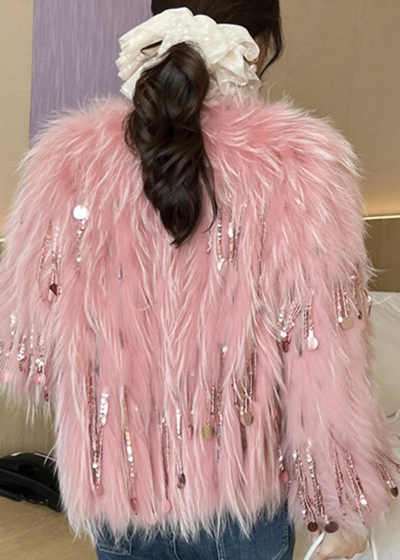 Cute Pink O-Neck Tassel Leather And Fur Coats Winter