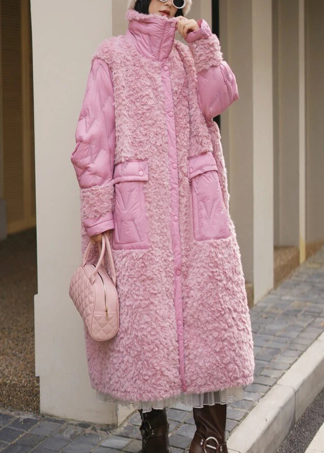 Cute Pink Pockets Teddy Patchwork Long Parka Winter