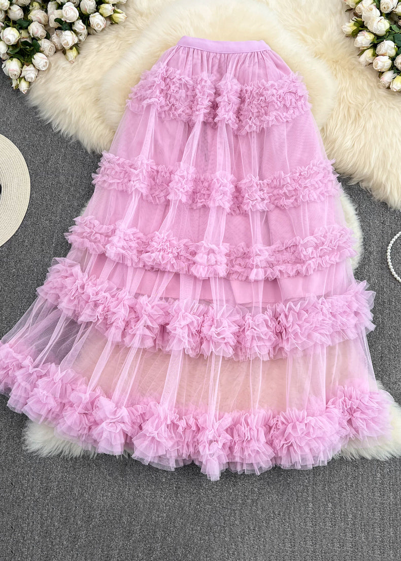 Cute Pink Ruffled Patchwork Tulle Cake Skirt Spring