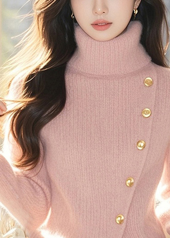 Cute Pink Turtleneck Cotton Knit Sweater Tops Spring