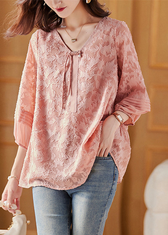 Cute Pink V Neck Chiffon Tops Bracelet Sleeve