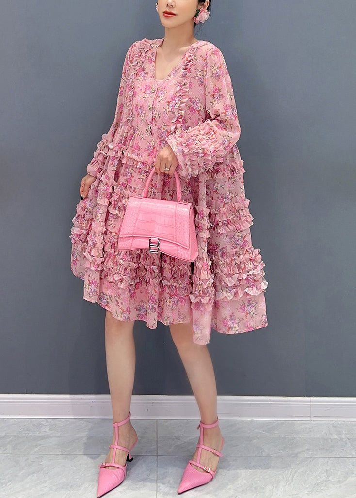 Cute Pink V Neck Ruffled Patchwork Print Chiffon Mid Dress Long Sleeve