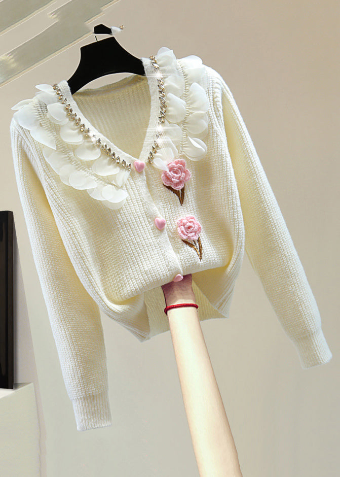 Cute Pink Zippered Patchwork Floral Cotton Knit Sweater Winter