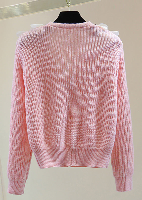 Cute Pink Zippered Patchwork Floral Cotton Knit Sweater Winter