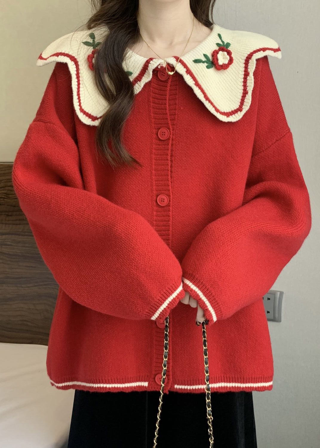 Cute Red Peter Pan Collar Embroidered Knit Loose Cardigans Winter