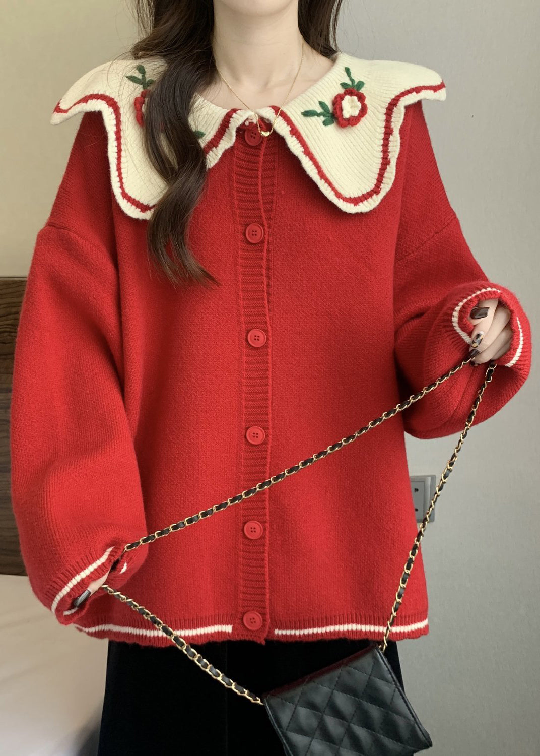 Cute Red Peter Pan Collar Embroidered Knit Loose Cardigans Winter