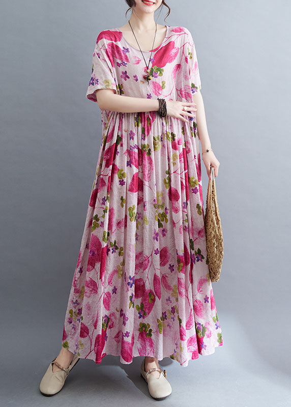 Cute Rose O-Neck Print Wrinkled Maxi Dresses Short Sleeve