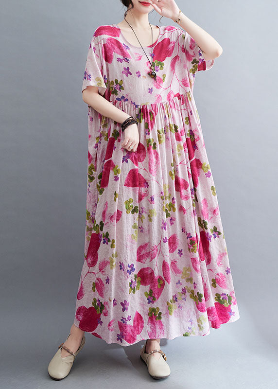 Cute Rose O-Neck Print Wrinkled Maxi Dresses Short Sleeve