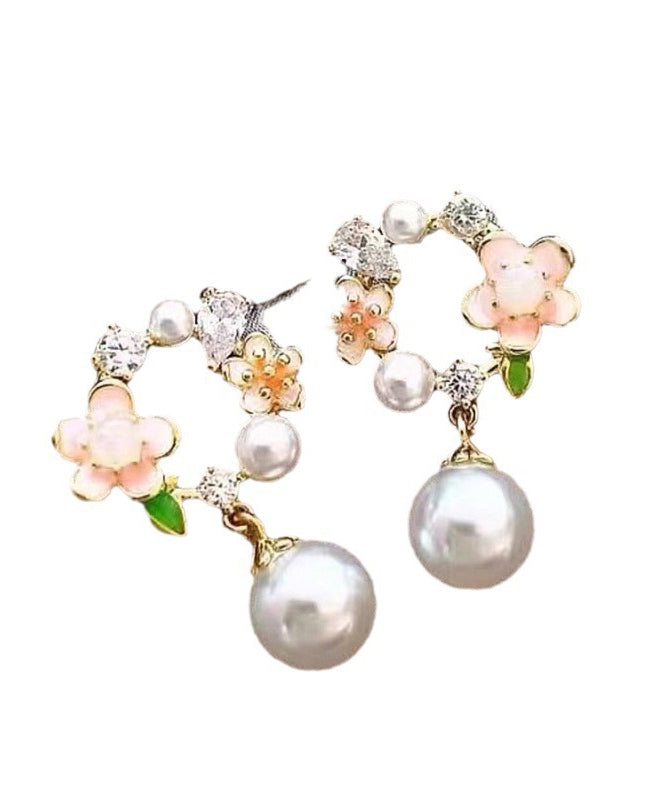 Cute White Copper Alloy Floral Pearl Drop Earrings