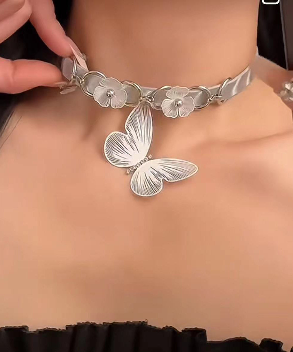 Cute White Stainless Steel Butterfly Floral Pendant Necklace