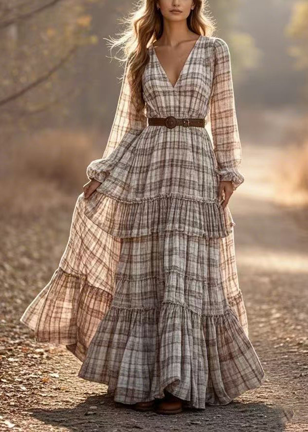 DIY Apricot Cinched Plaid Exra Large Hem Ankle Dress Spring