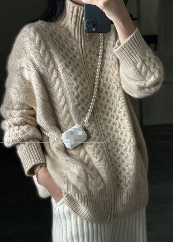 DIY Beige Zip Up Casual Woolen Knitted Tops Coat