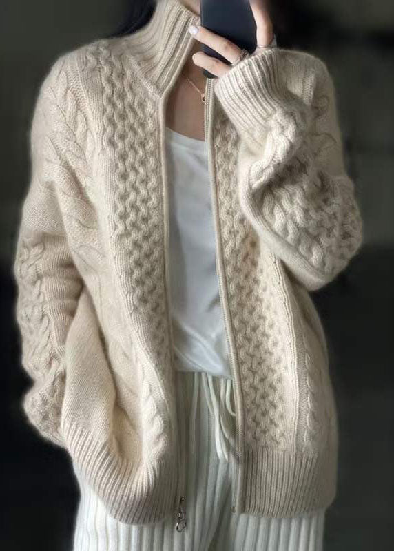 DIY Beige Zip Up Casual Woolen Knitted Tops Coat