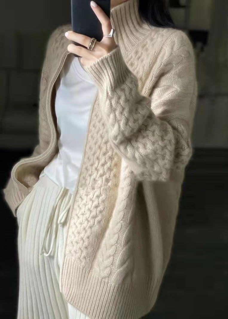 DIY Beige Zip Up Casual Woolen Knitted Tops Coat