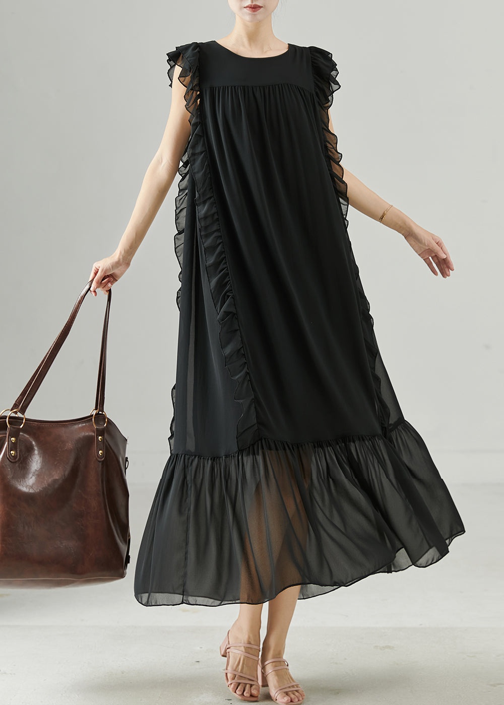 DIY Black Ruffled Tie Waist Chiffon Robe Dresses Summer