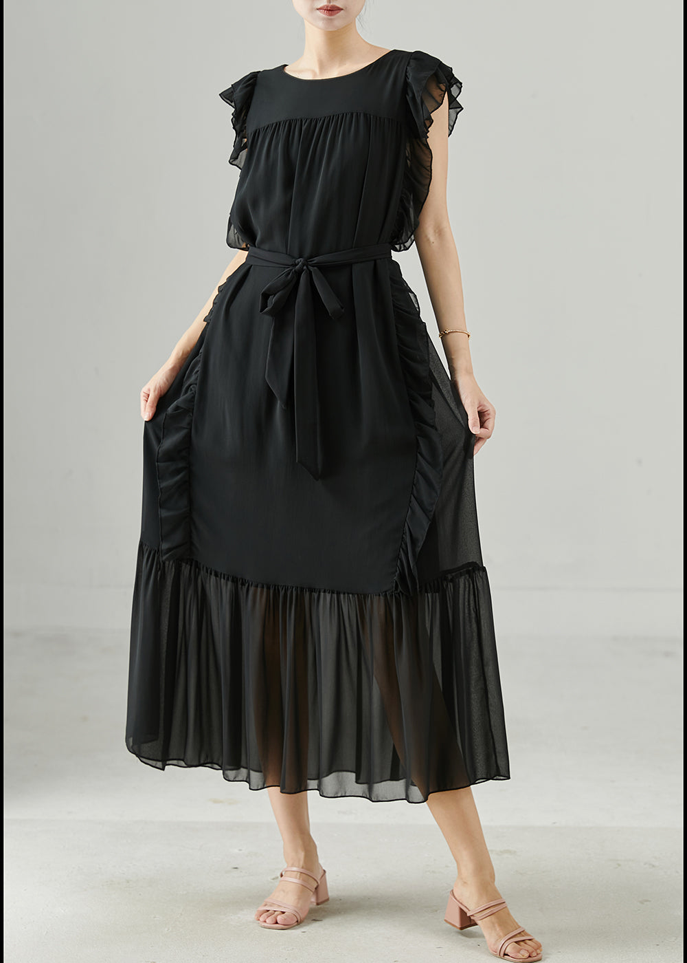 DIY Black Ruffled Tie Waist Chiffon Robe Dresses Summer