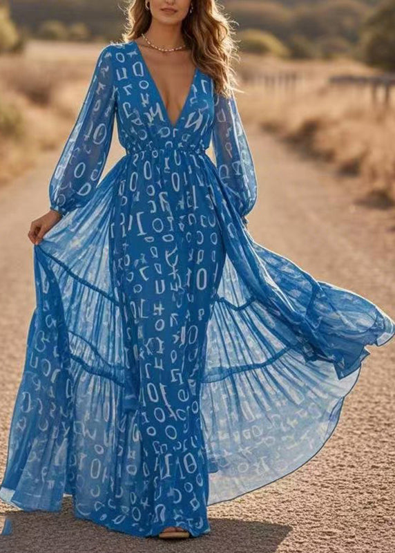 DIY Blue V Neck Print Chiffon Long Dresses Lantern Sleeve